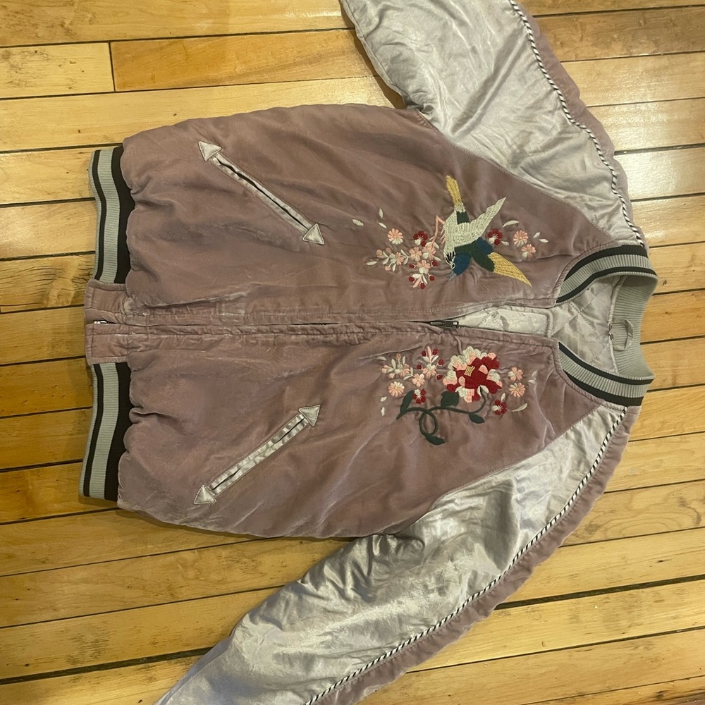 Free People Embroidered Bomber Jacket - Mauve and Silver